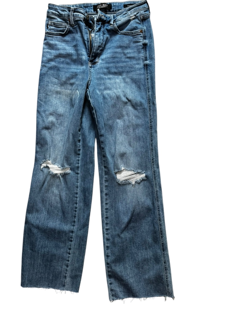 Judy Blue Straight Leg Jeans Size 7/28 Distressed Raw Hem Light Wash Stretch Den